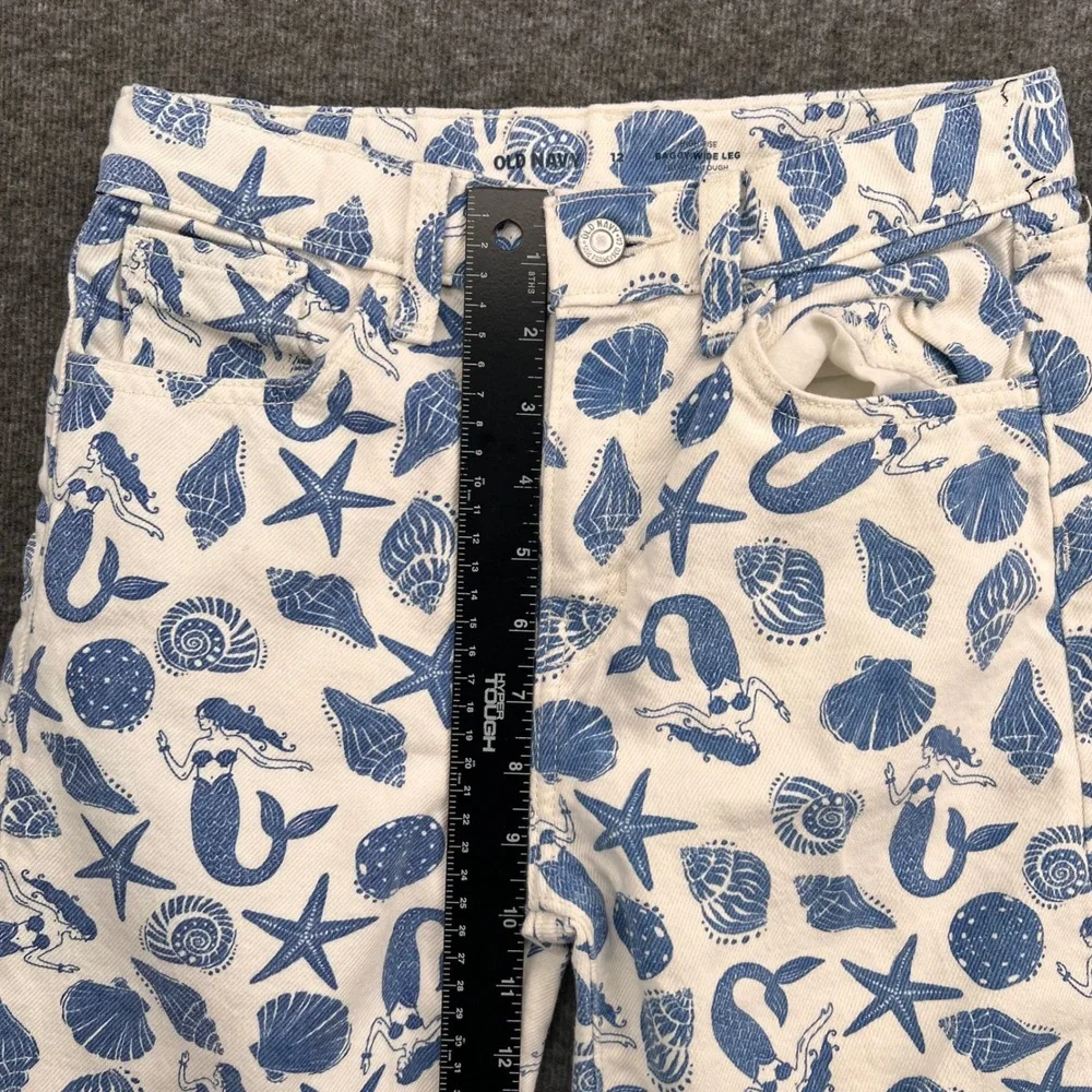 Old Navy Girls Blue White Mermaid Starfish Baggy Wide Leg Jeans Size 12